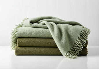 Tranquil layers: Stacked earthy-toned blankets with soft fringe create a serene and inviting atmosphere.