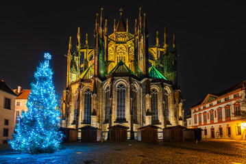 Christmas tree decorations on a Prague Castle in UNESCO world heritage site city Prague in a night.