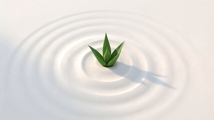 a single plant emerging from concentric water ripples, a serene representation of growth and balance