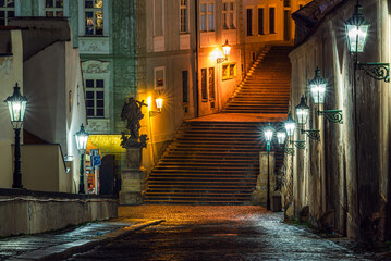 The Famous UNESCO world heritage site Prague street Ke Hradu in Hradcany in autumn night.
