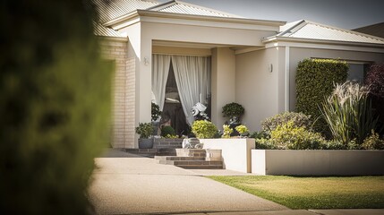 welcome. Family home exterior with welcoming entrance and architectural details. real-estate listings, architecture portfolios, designed for architectural facade and classical detail presentations.