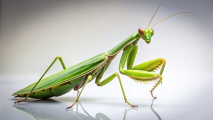 A green praying mantis standing upright with details