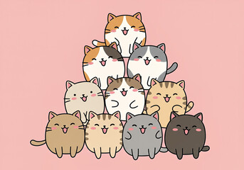 Pyramid of delightful smiling felines arranged artfully on a charming pink backdrop creating a fun illustration.