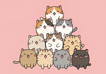 Wandcirkels Dierenarts Pyramid of delightful smiling felines arranged artfully on a charming pink backdrop creating a fun illustration.  © isolatedpng