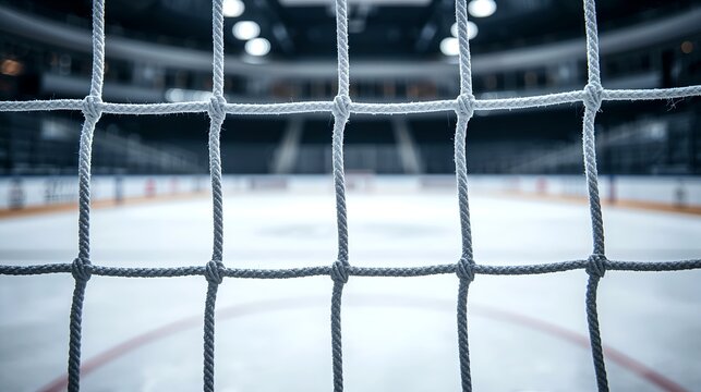 an ice hockey goal net with the hockey rink in the background, this photo captures the essence of winter sports. The lines on the ice, the texture of the net.