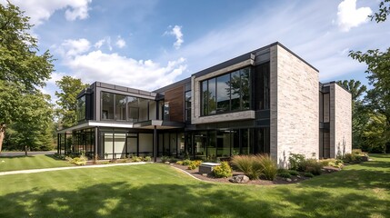 Obraz premium a modern architectural marvel with lush greenery and expansive windows. The building showcases contemporary design elements and blends seamlessly with its natural surroundings