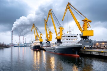 Fototapeta premium Commercial port with loading cranes and cargo ship