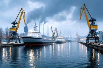 Fototapeta premium Industrial port harbor with ships and cranes at dusk