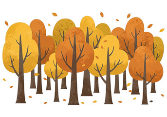 Stylized autumn trees in shades of orange and yellow, leaves falling, simple design creates a seasonal atmosphere.
