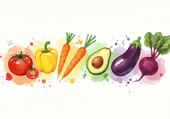 Watercolor illustration of fresh vegetables, including tomatoes, peppers, carrots, avocado, eggplant and beetroot arranged in a line.