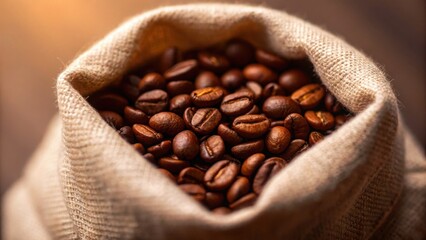 Soft Cotton Bag Filled with Fresh Coffee Beans on Wooden Table