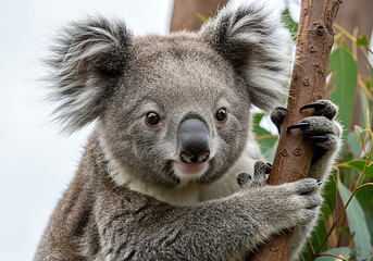 Charming Koala Portrait in Natural Habitat: Close-up of an Iconic Australian Marsupial climbing on a tree branch, looking at the camera