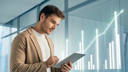 Young businessman using tablet with rising financial graph overlay expressing confidence and success tablet analytics growth chart upward trend - Powered by Adobe