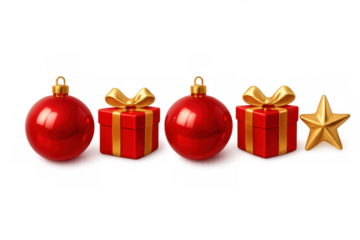 Shiny red christmas balls, golden star, and wrapped gift boxes with gold ribbons, creating a festive holiday feeling