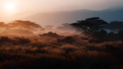 Fototapeta premium Misty African savanna landscape at sunrise with silhouetted acacia trees and golden light filtering through the haze