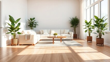 Bright airy living room with modern neutral decor plants