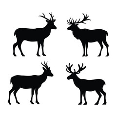 Vector silhouettes of wild Pronghorn, including stag, elk, and reindeer with large antlers, isolated on white