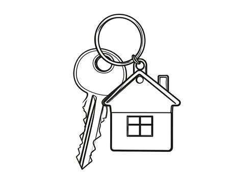 A minimalist monochrome illustration of keys attached to a house-shaped keychain. A classic representation of home ownership or new beginnings