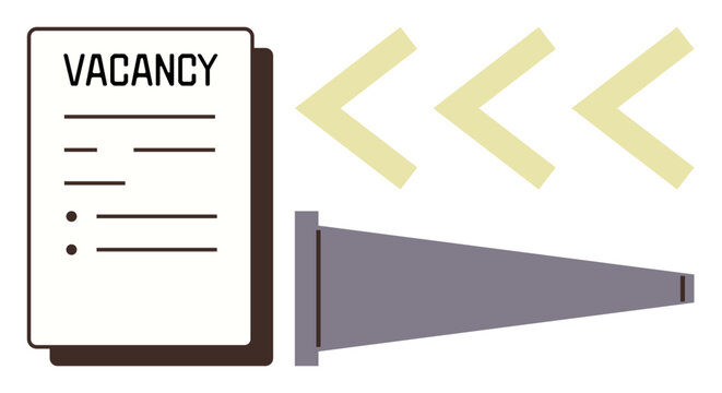 Vacancy paper, megaphone, and focus arrows highlight hiring, job search, or team building. Ideal for recruitment campaigns, job boards, communication, HR career services advertising simple flat