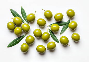 Fresh green olives and leaves arranged on a clean, white surface in a simple and minimalist composition, offering a natural and healthy look.