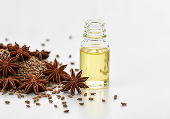 Aromatic oil and star anise composition, evoking natural remedies and wellness, on white background, creating a sense of purity and tranquility.