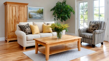 Living room interior with couch, armchair, and wooden furniture