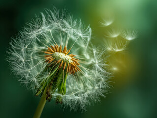 Fototapeta premium Close-up of a dandelion seed head releasing fluffy seeds into a soft green and yellow blurred background symbolizing nature and growth