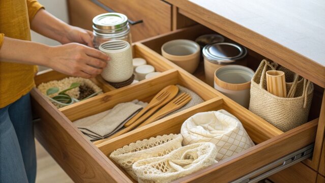 Organized Wooden Drawer with Eco-Friendly Storage Solutions