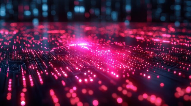 Abstract Technology Landscape with Pink Lights and Data Flow.