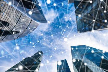 Modern business district skyscrapers connected by abstract digital network lines, symbolizing smart city technology, communication, data exchange, and global connectivity.