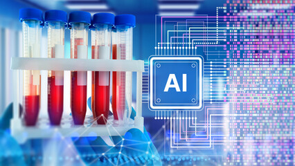 Artificial intelligence in medical science with test tubes of blood samples and digital AI processor, symbolizing biotechnology, diagnostics and healthcare data analysis.