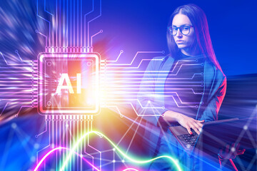 Artificial intelligence technology visualized with digital circuits and AI chip, woman with laptop representing innovation, data processing and modern machine learning concepts.