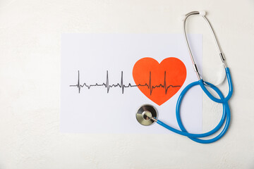 Medical stethoscope, red heart, and cardiogram on a color background. ECG, Heart wave, heart attack, cardiogram report. Cardiogram pulse trace and heart concept. Healthcare.Space for text