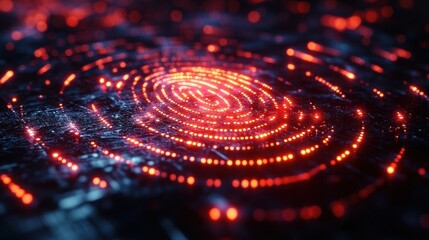 Futuristic fingerprint security system with glowing red and blue lights.