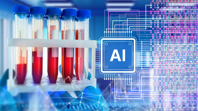 Artificial intelligence in medical science with test tubes of blood samples and digital AI processor, symbolizing biotechnology, diagnostics and healthcare data analysis. - Powered by Adobe