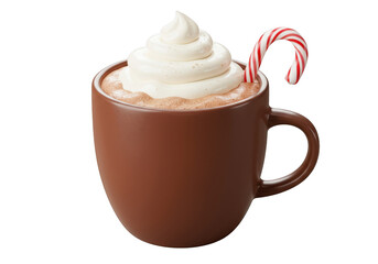 A warm mug of peppermint hot chocolate topped with whipped cream and a candy cane
