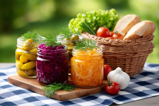 Fermented vegetables in jars on picnic table