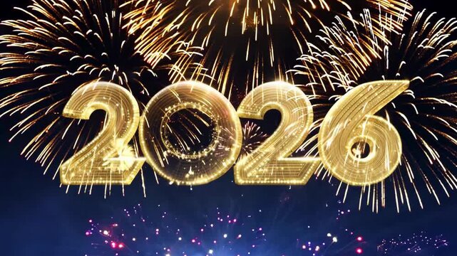 4K New Year animation. Elegant 3D golden text "2026" with internal sparkles, set against a massive golden fireworks display and a blue spotlight