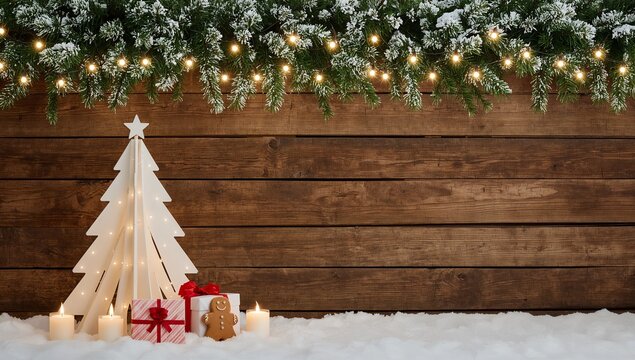 Festive winter holiday scene featuring a stylish wooden Christmas tree, warm lights, gifts, and a gingerbread cookie on a snow-covered rustic background