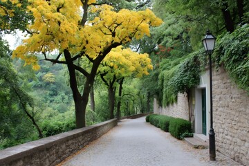 Naklejka premium Autumn park path with yellow tree and stone wall