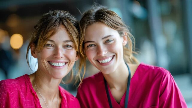 Two medicine professional smiling warmly, representing caregiving, friendship, and intergenerational connection in healthcare