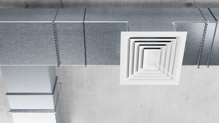 Ventilation grille. Galvanized metal vent shaft. Ventilation for air purification. Industrial vents under ceiling of room. Square ventilation caps. Vents pipes for air circulation. 3d image