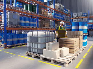 Man warehouse worker. Worker alone inside large logistics center. Warehouse fulfillment. Factory storage area with boxes and barrels on pallets. Man works inside modern warehouse.