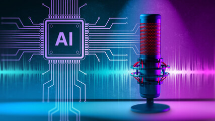 AI podcasting. Professional radio host microphone sits on desk. AI audio processing. Using artificial intelligence for podcasting. Microphone for recording audio broadcasts. AI tech in audio industry