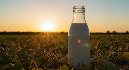 Bottle of Milk in Field at Sunset - A Serene Countryside Scene.