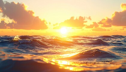 Ocean Sunset With Golden Sunlight Reflecting On Rippling Water And Dramatic Clouds Above The Horizon In A Serene And Beautiful Seascape