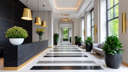Luxury hotel lobby featuring black marble reception desk