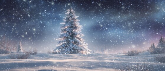 A magical christmas garden under a sky lit with stars and silent snow. Action poster. Star-studded christmas: luminous night sky and snow-kissed holiday tree. Thriller poster. Adventure poster.