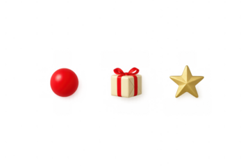 Christmas holiday decoration set including a red bauble, gift box, and golden star on transparent background