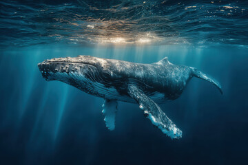 A majestic humpback whale swims gracefully underwater near the surface with the sun's rays penetrating.